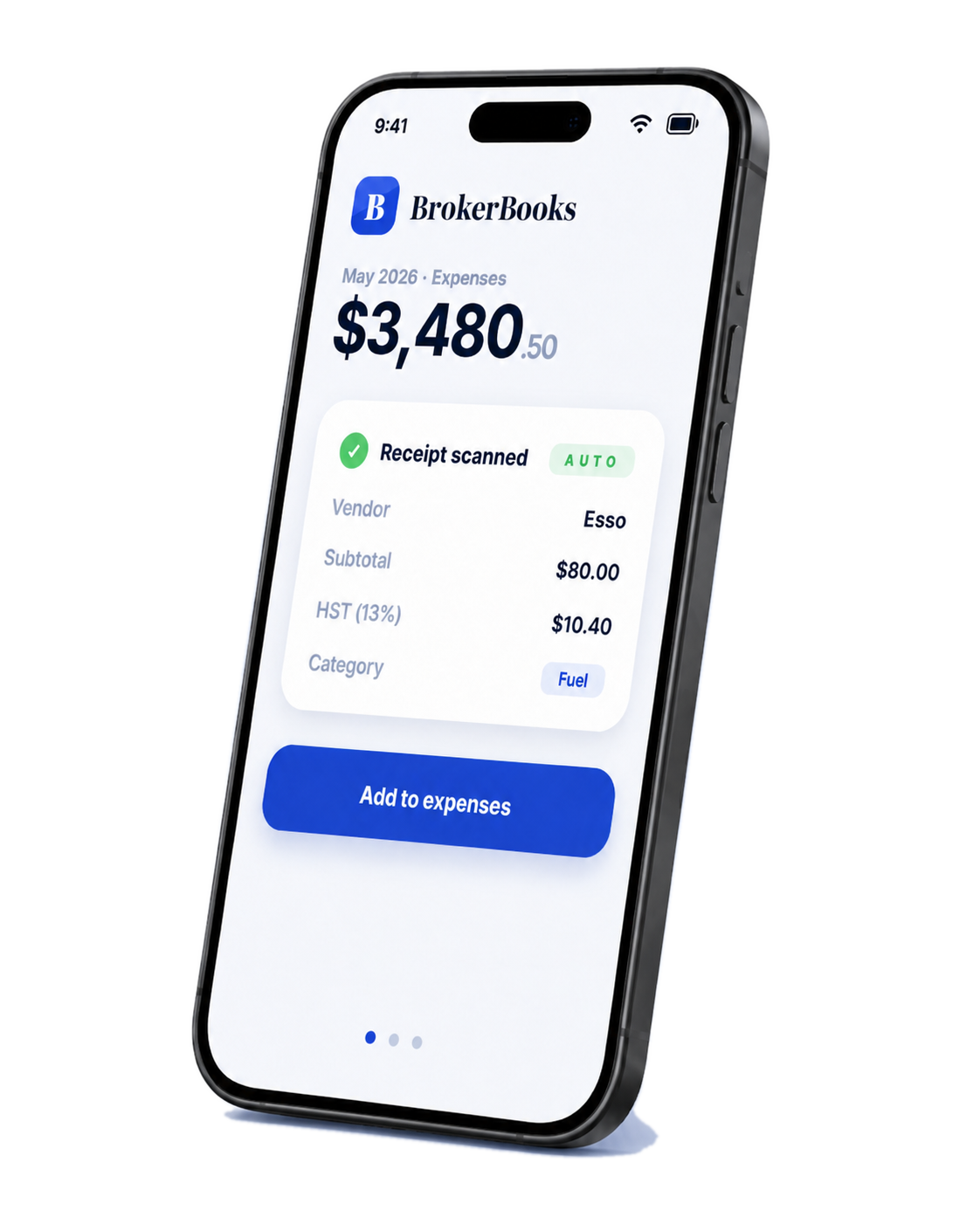 BrokerBooks app on iPhone showing a scanned receipt and expense summary